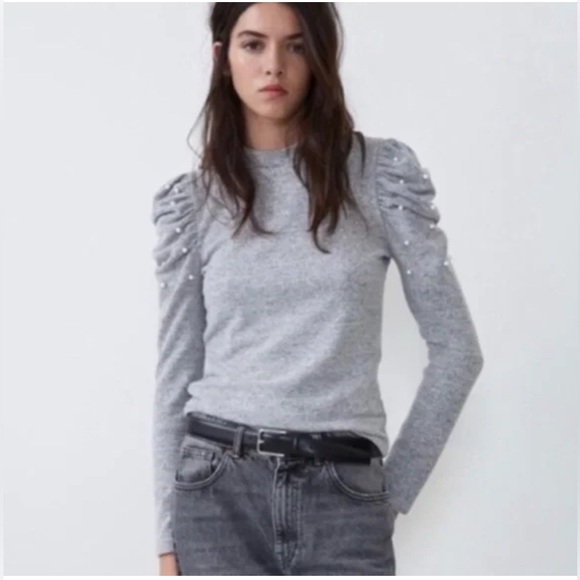 Zara Sweaters - Womens Zara Pearl Ruched Shoulder Soft Touch Crewneck Long Sleeve Sweater